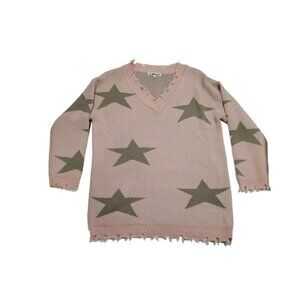 Macaron Pink with Stars Distressed Sweater Size S